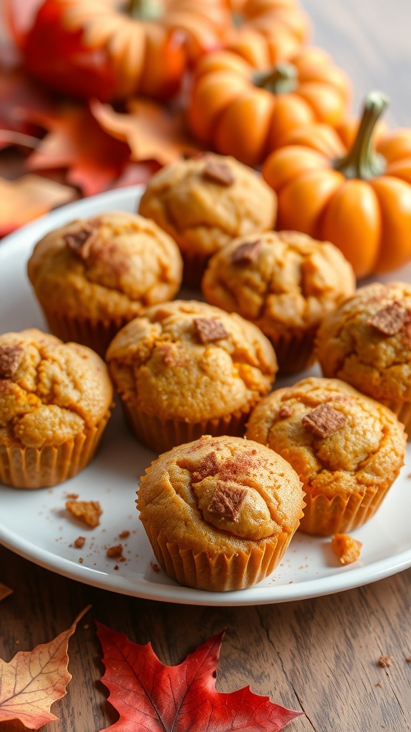 Easy Pumpkin Muffins Recipe Freshly baked pumpkin muffins on a plate, with autumn leaves and a pumpkin in the background.